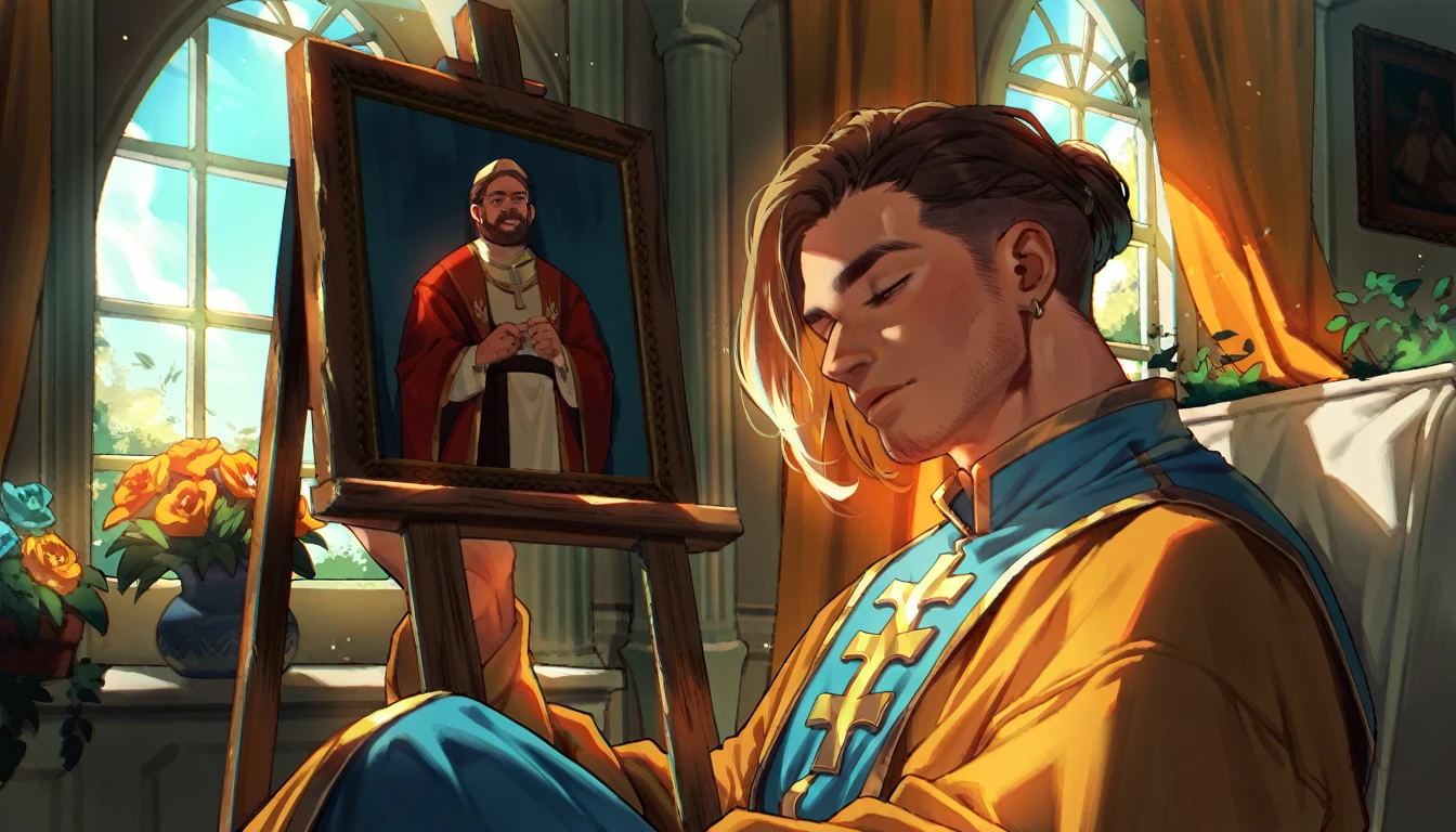 Jordan Bardella wearing a priest robe in a painting style.