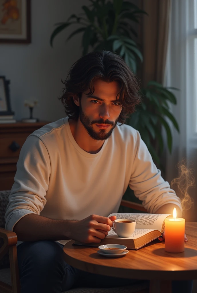 A boy is sitting a chair and reading a story book and there is a cup of tea and a lighted candle on a table in front of him, and he is 18 year, he has medium beard and there body white full hand t 'shirt and there hair is a long