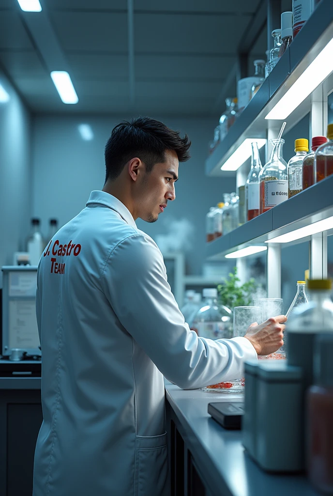 A muscular young man inside a scientific laboratory wearing a lab coat with writing on it "J.Castro team" doing experiments 