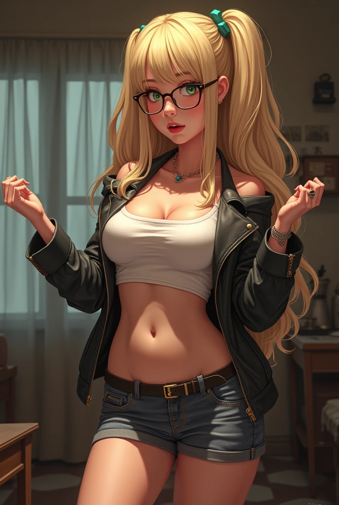 a girl, , in a very short skirt, very sexy, with extremely large breasts, showing her extremely large breasts, without bra, showing the nipples, blonde with green eyes, wearing super sexy glasses, super realistico