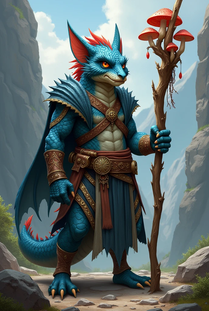 Create an RPG character, he is a kobold druid. Its scales are blue, the background resembles a mountain.
Make the character more humanoid and equip him with druid clothes.
Make him with his staff in hand Make the staff more magical He is a druid who enchants animals His appearance should be similar to a dragon He is small but fierce He has no wings His staff resembles polished wood Make him fierce He is a little taller His staff is made of ancient wood His scales have some touches of red Mushrooms grow from his staff