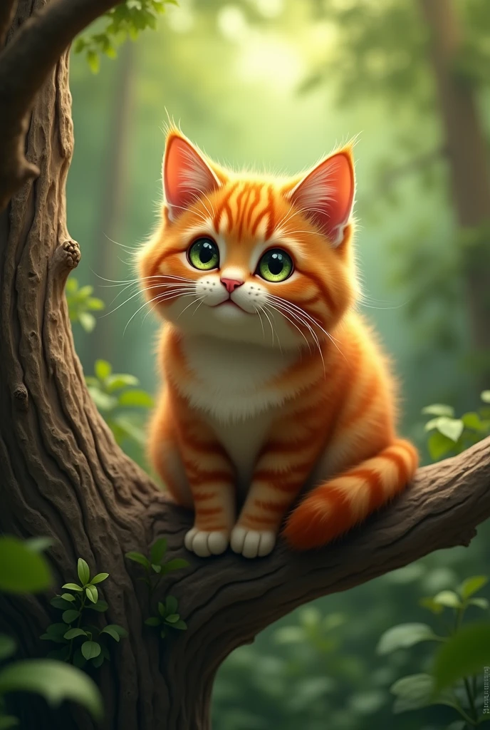 An orange cat with green eyes, dark orange furry spots on fur sitting in a tree
