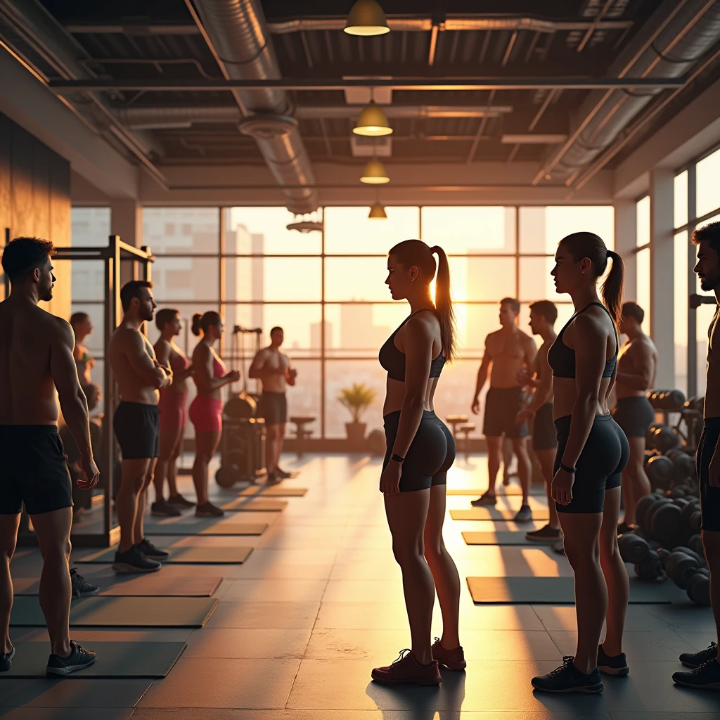 People training in the gym in gym clothes and men dressed, golden hues