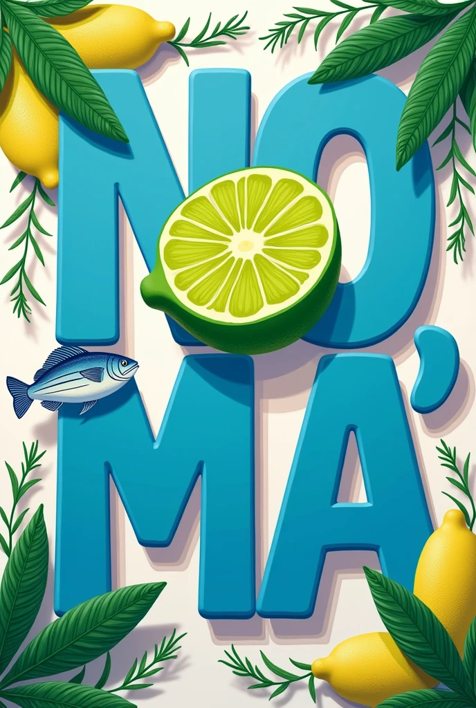 A banner for my cevicheria. is called: cevicheria antojitos 'Norma' . Instead of the 'o' that 'Norma' has, there should be a green, split Peruvian lemon.. The letters should be in color or shades similar to blue and light blue and the background should match the letters.. Also put a fish on one of the letters since it is for a seafood restaurant.. The not so dark letters