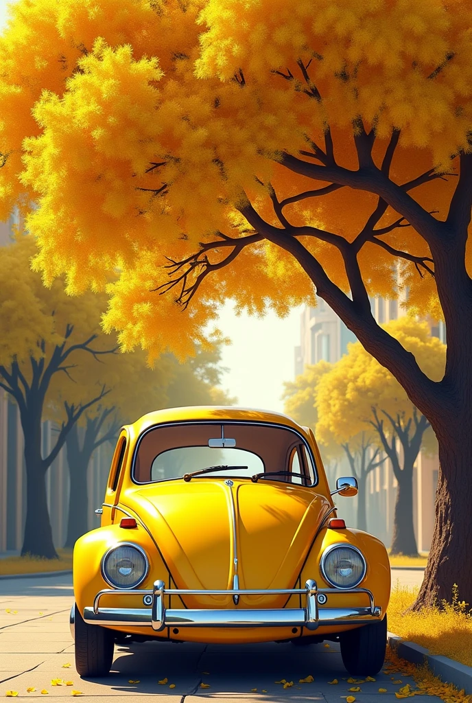 Yellow Volkswagen Beetle under a yellow ipê tree