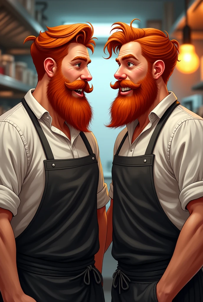 Two adult red-haired and bearded twin brothers, with the only difference between them being the shade of red, who work in a restaurant and seem to make fun of each other all the time