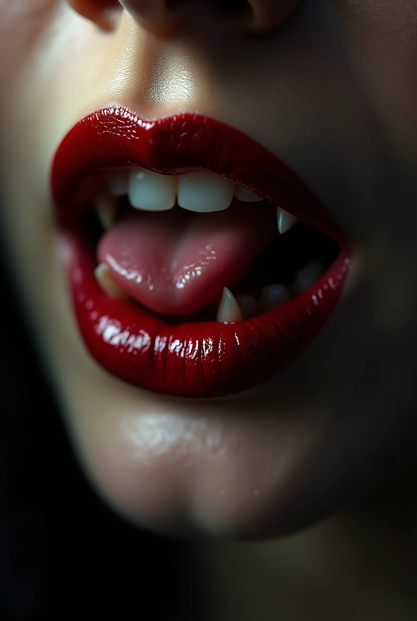 nsfw, 1lady, solo, mature adult woman,evil MILF,lady from hell, vampire beauty, femme fatale, evil apostle of darkness, peerless beauty,a Vampire Kiss, (A evil smile that lifts the corners of her mouth:1.3),(Dark red lips, glossy lips), Fangs, tongue, saliva, Focus only on the mouth, Woman mouth close up, from front