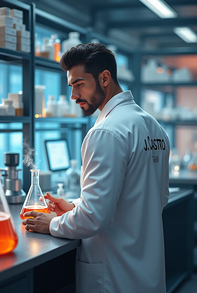 A muscular young man inside a scientific laboratory wearing a lab coat with writing on it "J.Castro team" doing experiments 