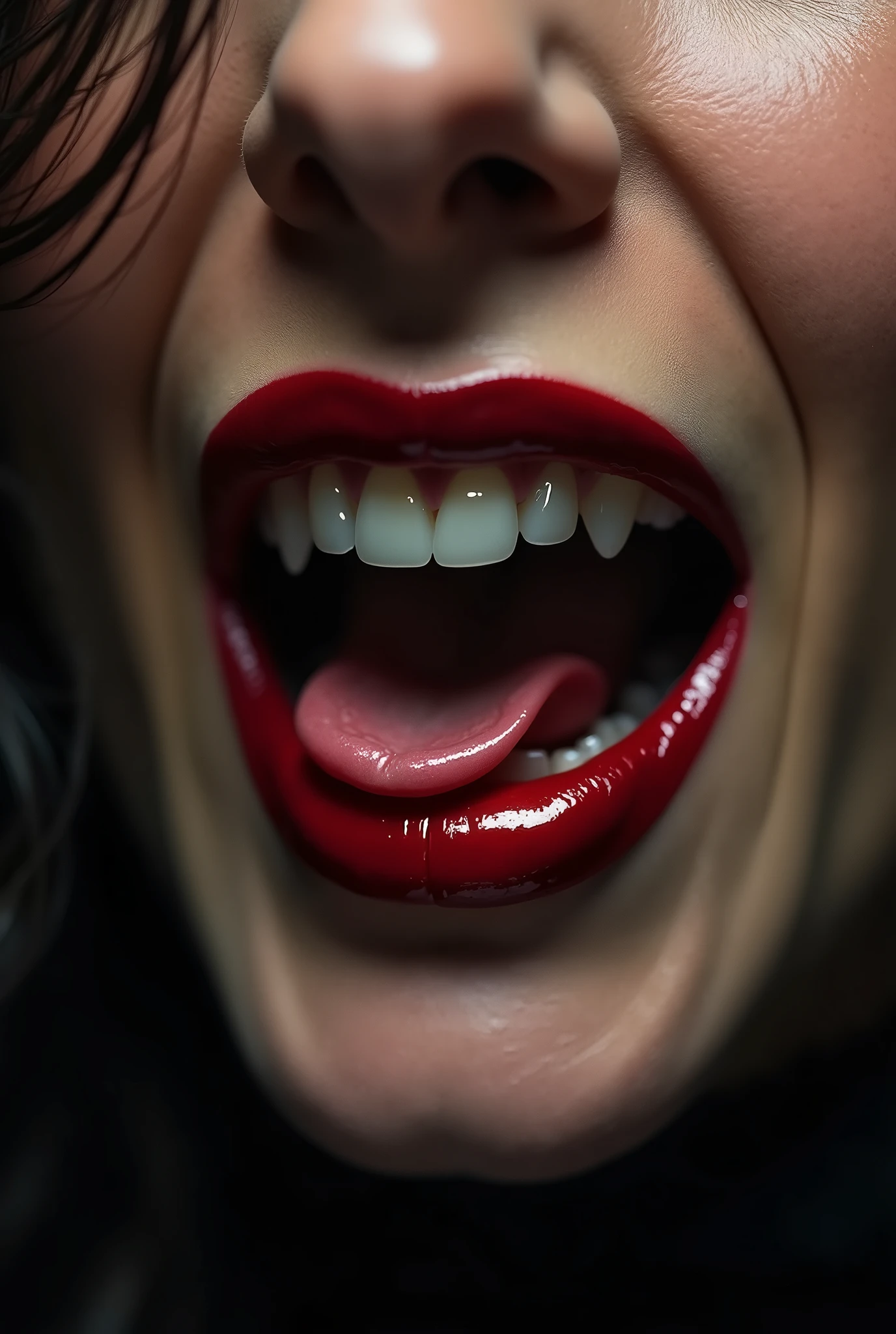 nsfw, 1lady, solo, mature adult woman,evil MILF,lady from hell, vampire beauty, femme fatale, evil apostle of darkness, peerless beauty,a Vampire Kiss, (A evil smile that lifts the corners of her mouth:1.3),(Dark red lips, glossy lips), Fangs, tongue, saliva, Focus only on the mouth, Woman mouth close up, from front