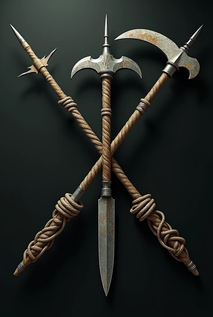A sickle and a knife crossed like an X tied by a rope that has a blade at the end and each pierced by an arrow