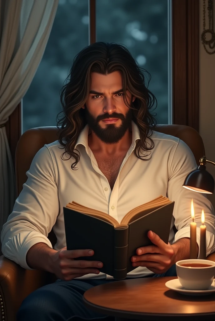 A boy is sitting a chair and reading a story book and there is a cup of tea and a lighted candle on a table in front of him, and he is 18 year, he has medium beard and there body white full hand 'shirt and there hair is a long