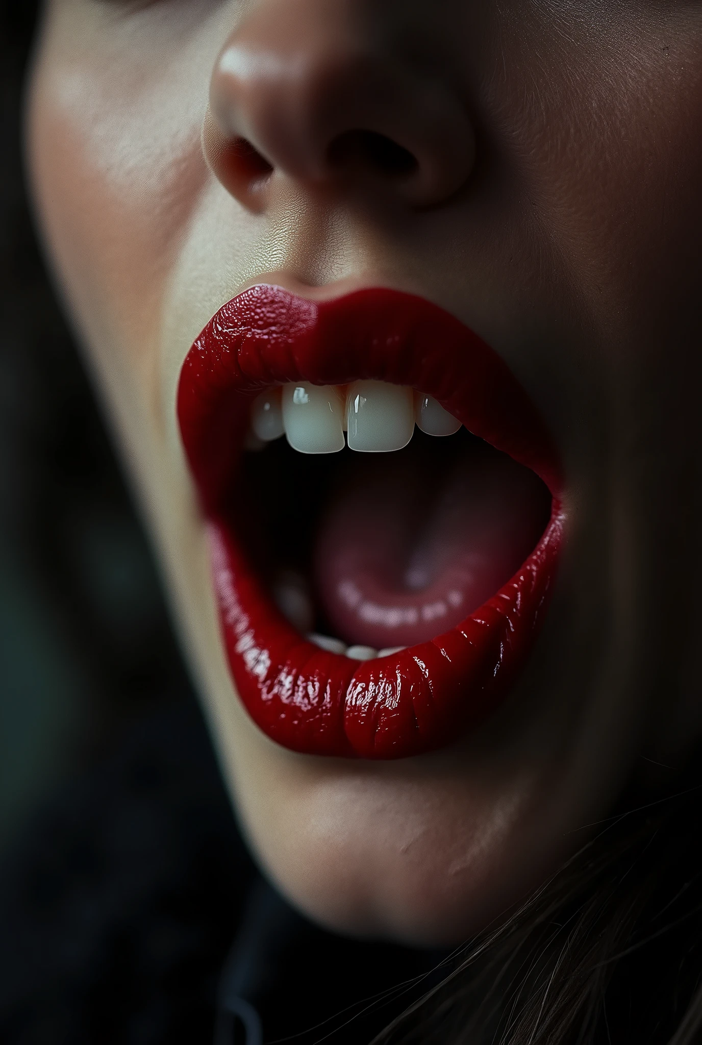 nsfw, 1lady, solo, mature adult woman,evil MILF,lady from hell, vampire beauty, femme fatale, evil apostle of darkness, peerless beauty,a Vampire Kiss, (A evil smile that lifts the corners of her mouth:1.3),(Dark red lips, glossy lips), Fangs, tongue, saliva, Focus only on the mouth, Woman mouth close up, from front