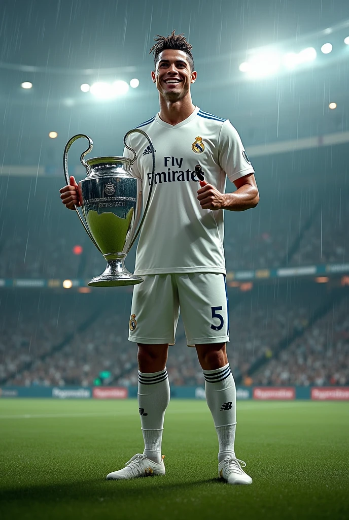 Cristiano ronaldo with noodel hair smiling and wearing real madrid clothes holding ucl cup in a rainy football pitch and showing 5 with another hand