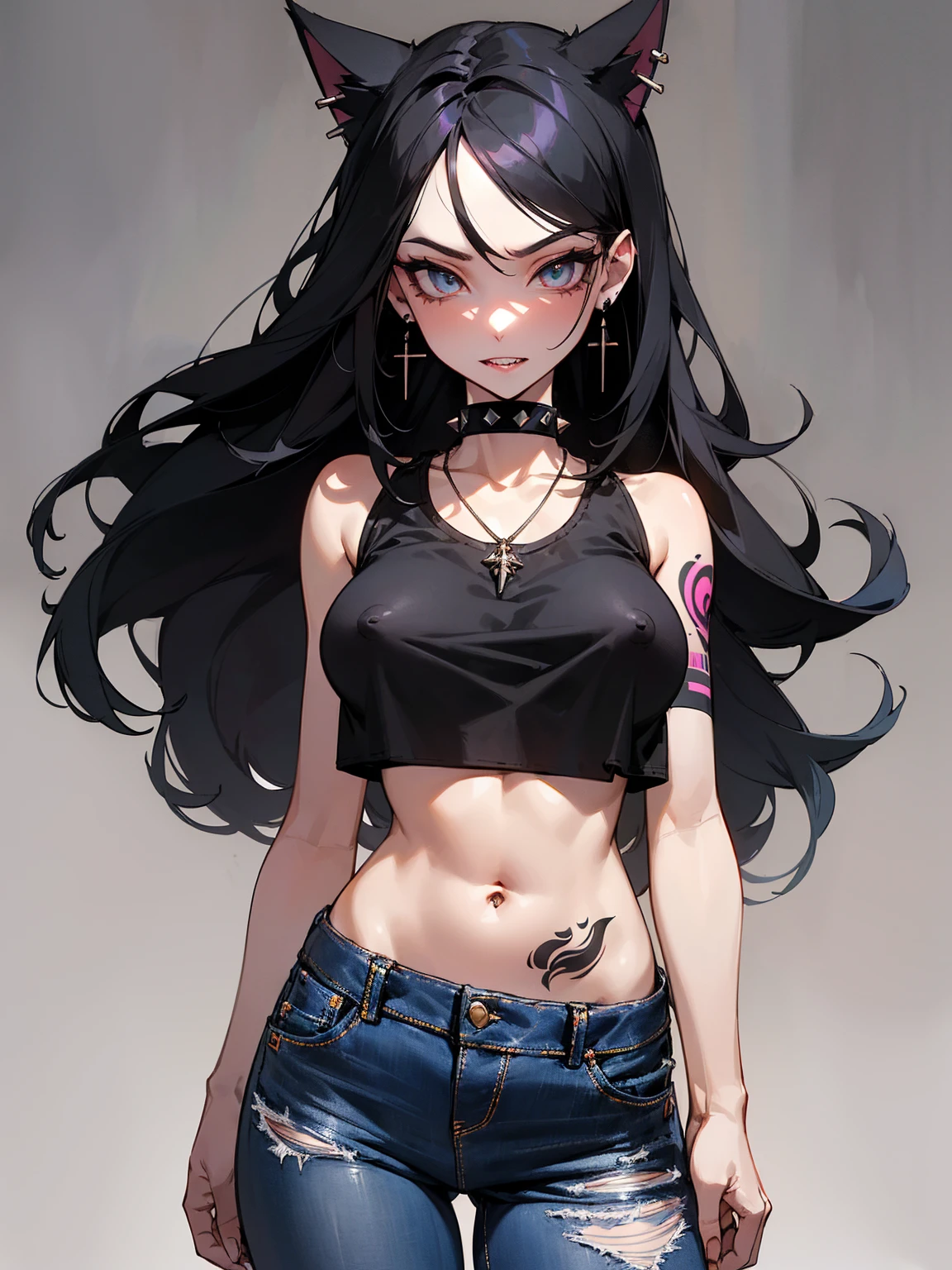 ((Long Straight Black hair)), Perfect face, Choker, Punk earrings, ((Tall)), ((High Quality)), Necklace, ((Mature)), Pretty Eyes, Sharp Nails, ((1 Girl)), ((Multiple Earrings)), Spiky Earrings, Adult, Spiked Collar, ((Short Jeans)), ((Crop Top)), Close Up, Tall, Long Legs, ((Dynamic Pose)), Vibrant Colors, Sexy, Suggestive, Sexually Suggestive, Teasing, Slender Body, Stylish, Bangs, Thick Eyeliner Around The Eyes, Tattoo Of Roses On Her Body, Perfect Body, Sensual, Very Sharp Teeth, Punk, Thick Thighs, Cat Girl, Very Large Cat Ears, (masterpiece:1.2), (highest quality), (Detailed skin:1.3), (Intricate details), ((1 woman)), Detailed skin texture, ((Skinny)), NSFW, Naked, Nipples, Vagina,