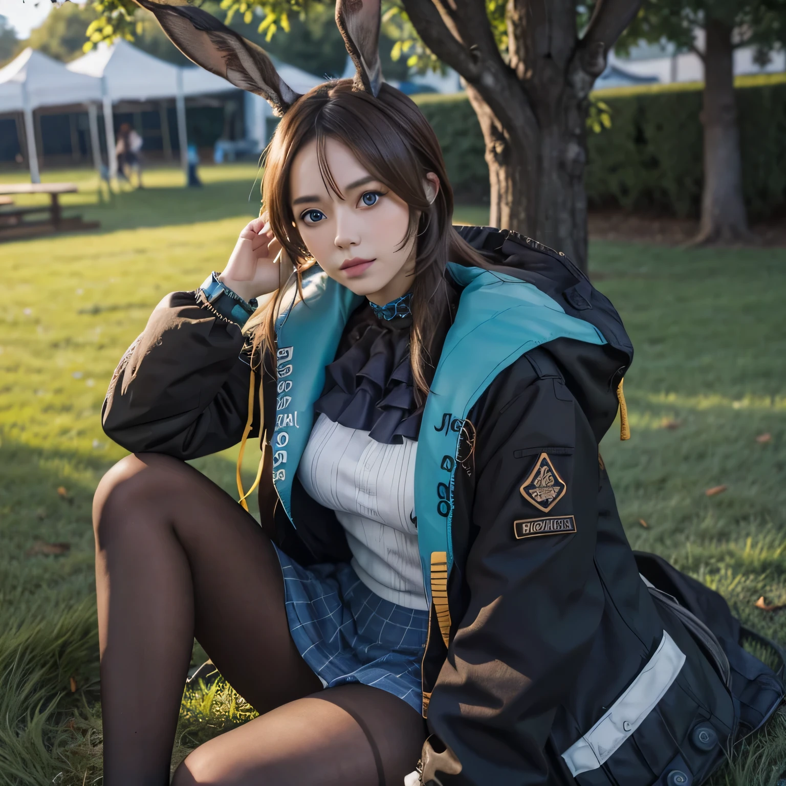 "solo, Amiya Arknights, blue eyes, sit at grass, outdoor garden, festival event, sunny day, long brown hair, brown rabbit ears, cosplay, Realistic."