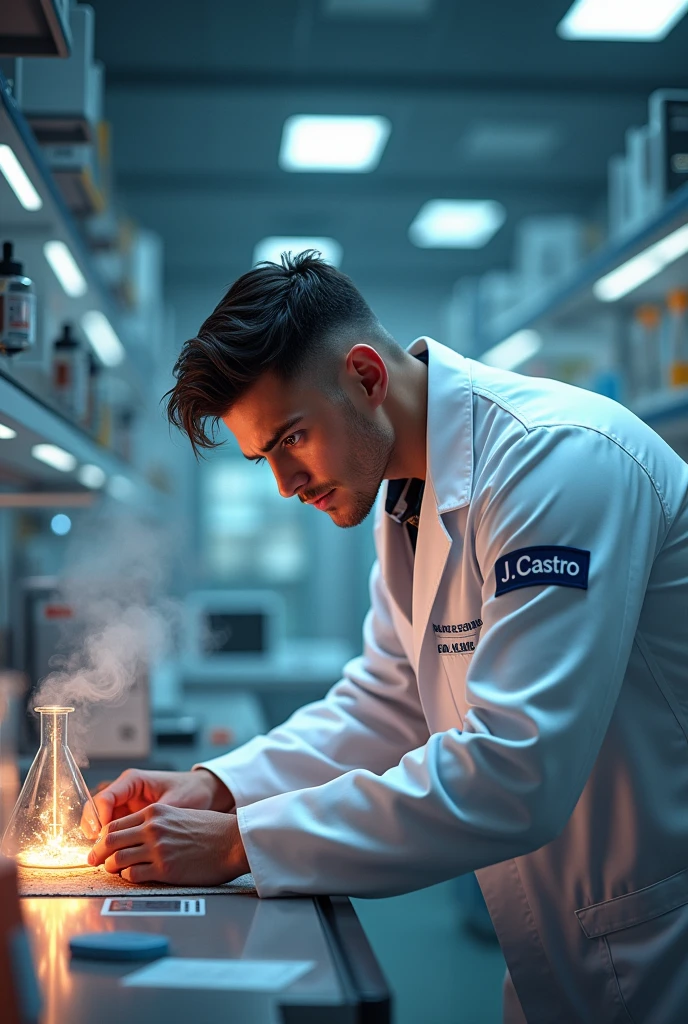 A muscular young man inside a scientific laboratory wearing a lab coat with writing on it "J.Castro team" doing experiments