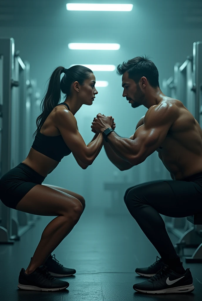 Create a woman training squats next to a man doing bench press in mysterious 3d gym with blurred background
