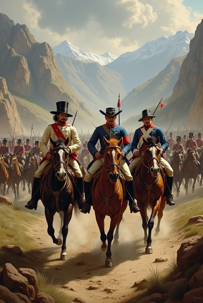 Create a historical scene depicting key figures from the Battle of Boyacá in 1819. Show Simón Bolívar leading his troops, alongside Francisco de Paula Santander and José Antonio Anzoátegui. They are wearing early 19th-century military uniforms, with a mix of cavalry and infantry soldiers around them. The background should include the mountainous terrain of Boyacá, with a sense of movement and determination in their expressions as they lead the charge against Spanish forces.