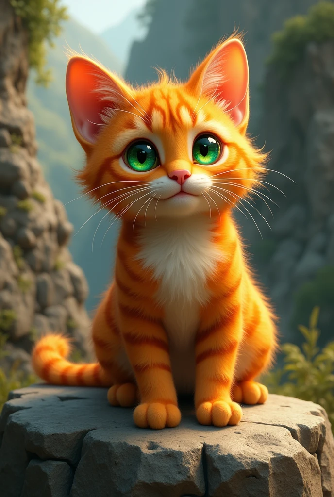 A furry orange cat with green eyes, with dark orange spots sitting on a rock