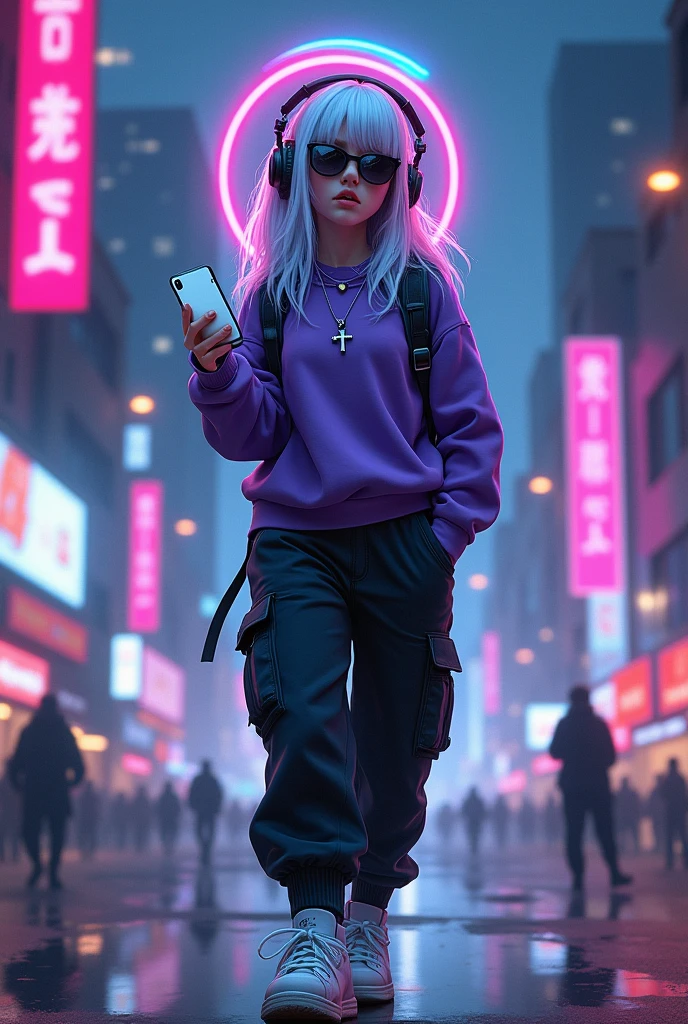 demon girl, rainbow colored halo,white and blue hair ,silver cross necklace,Sunglasses, purple sweatshirt, black cargo pants,WHITE TENNIS, helmet headphones, holding her cell phone, walking through a big city at night