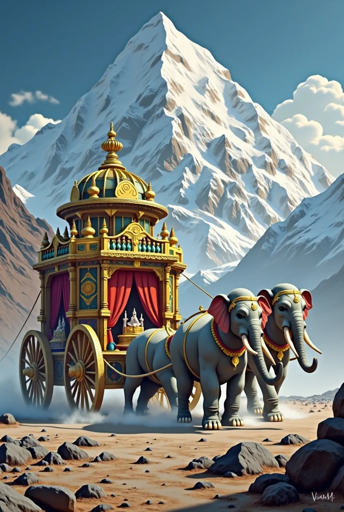 Images beautiful empty chariot pulled by many Airavats at mount kailash 
