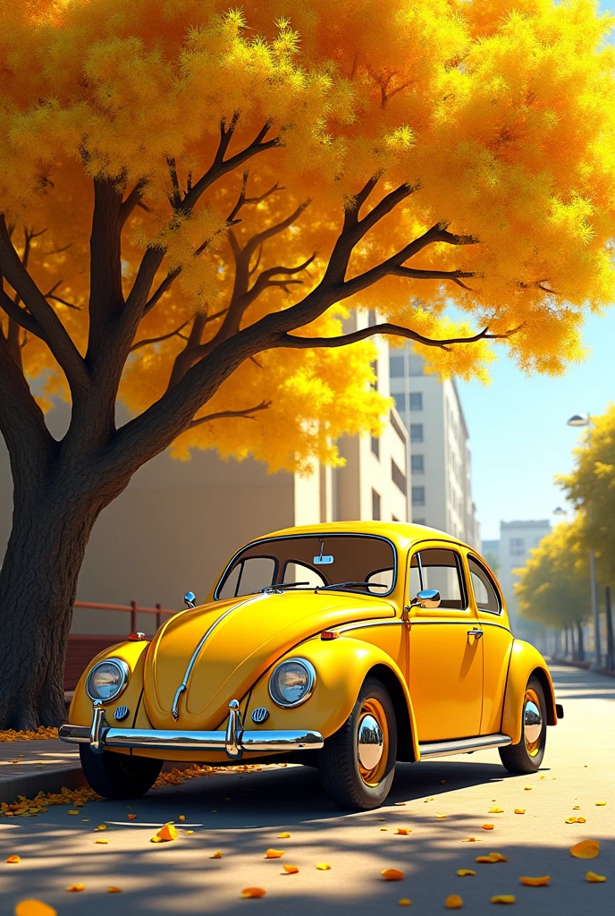 Yellow Volkswagen Beetle under a yellow ipê tree 