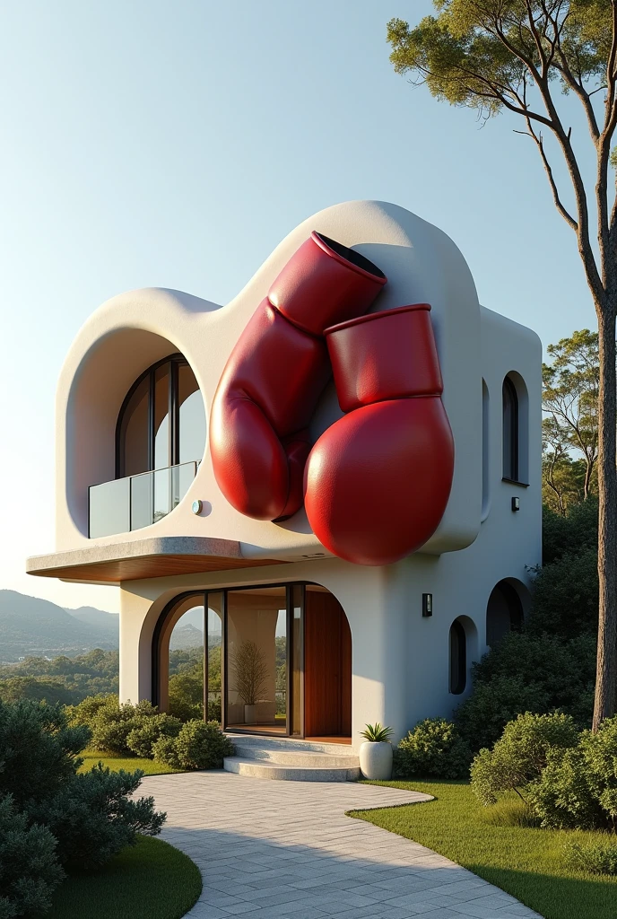 Imagine a house with an architectural model of boxing gloves 
