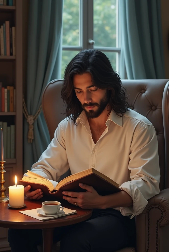 A boy is sitting a chair and reading a story book and there is a cup of tea and a lighted candle on a table in front of him, and he is 18 year, he has medium beard and there body white full hand 'shirt and there hair is a long