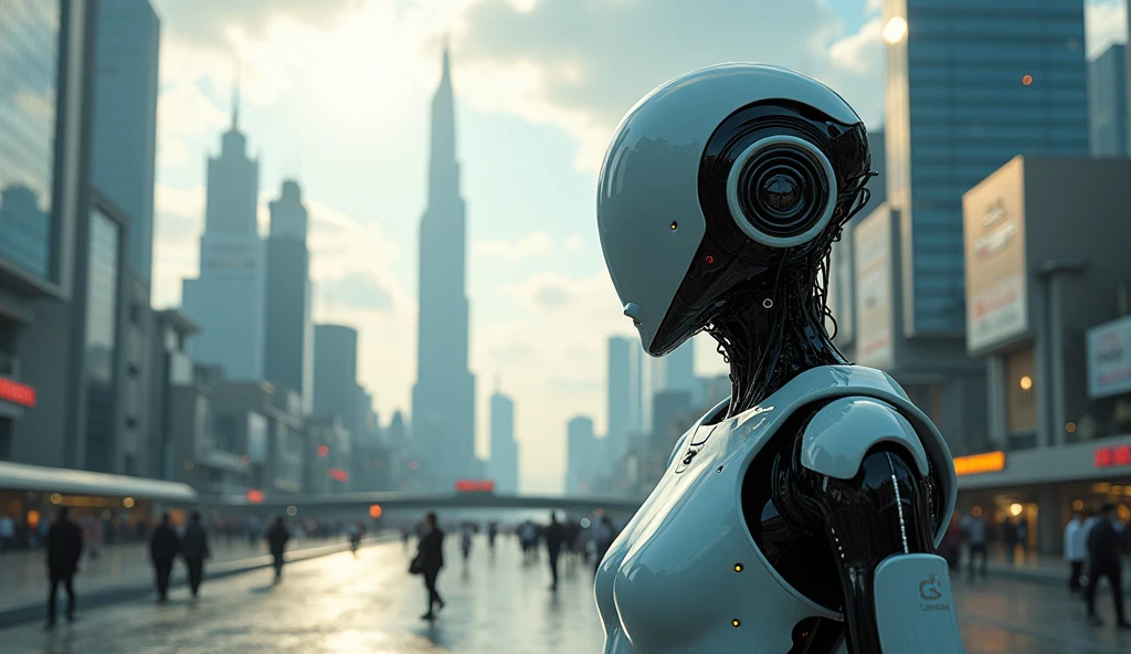 The city of the future、droid、Civilian、Rich clouds drift in the sky、Connect to the city network、tall house、blue-sky、afofuturism、Luminism、Ray traching、closeup cleavage、kanon、hyper HD、tmasterpiece、high detal、high qulity、High resolution -- v 6