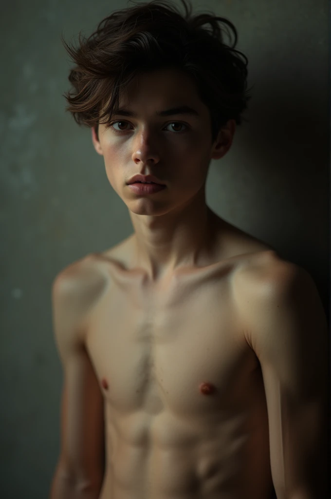 Nude horny boy with short brown hair and dark eyes. 