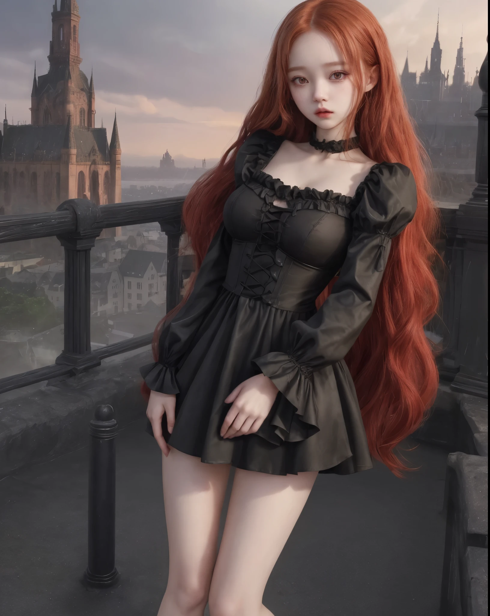 young girl, kim chaewon as a sexy young girl, full body view, fullbody, full body, kim chaewon is a girl, 1girl, fantasy gothic city background, kim chaewon, girl, small breast, figure, long red hair, red eyes, face front, tight fantasy black dress, emotional face, make up, masterpiece, best quality