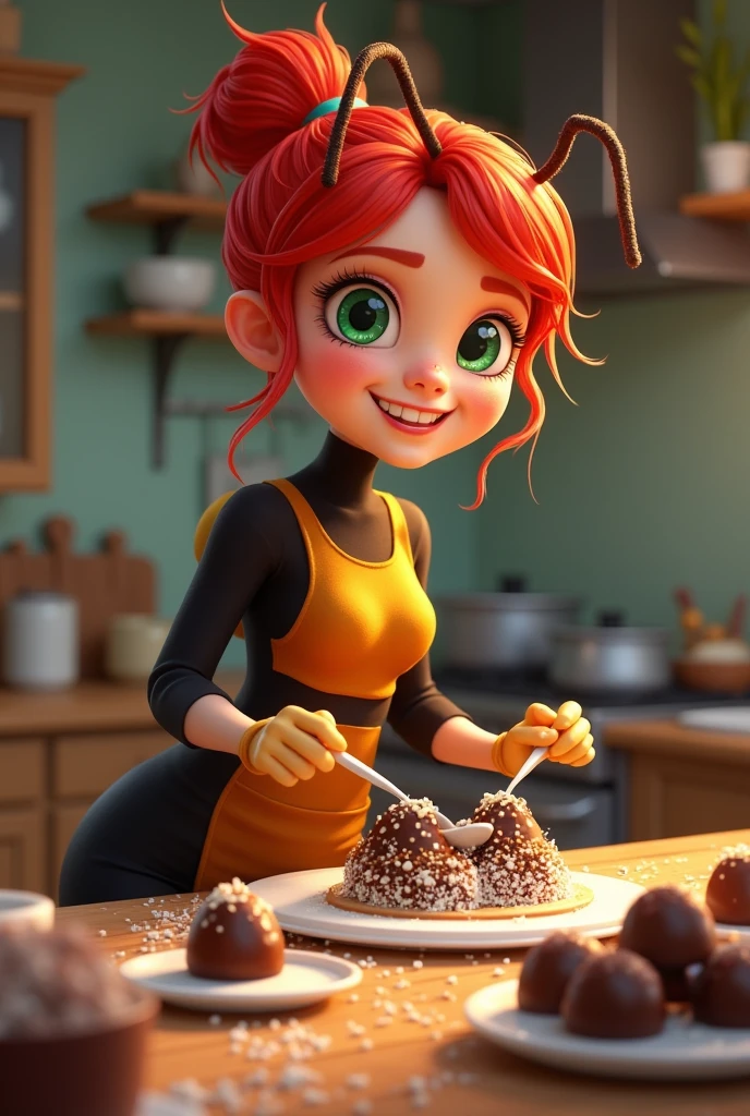 friendly confectioner with red hair and green eyes, dressed as an ant making brigadeiro