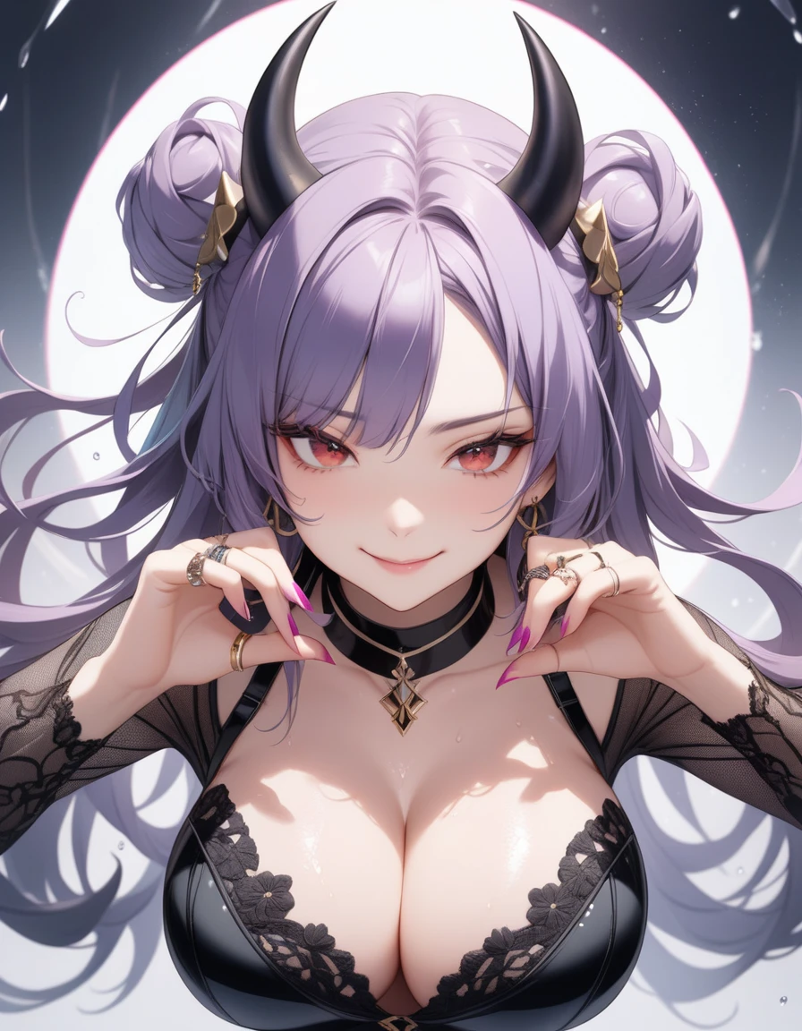 1girl, kirara \(blue archive\), black choker, black horns, blush, big breasts, choker, cleavage, collarbone, tiny suit, demon horns, double buns, earrings, fangs, fingernails, hair bun, horns, jewelry, large breasts, long fingernails, longhair, looking down at viewer, nail polish, open eyes, smirk, closed mouth, teasing look, purple hair, pink nails, red eyes, ring, smirk, solo, wet skin, looking down, (masterpiece), (best quality), (ultra-detailed), very aesthetic, illustration, perfect composition, moist skin, intricate details, mysterious, fantasy, Semi-Sheer Solid Floral Lace Bodysuit, Crisscross Teddy with Micro Elasticity, Contrast Lace Details, and Sexy Style, arms out, hands reaching, cigarette, hold cigarette, lite cigarette, holding between two fingers