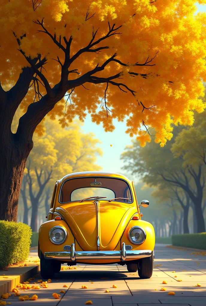 Yellow Volkswagen Beetle under a yellow ipê tree