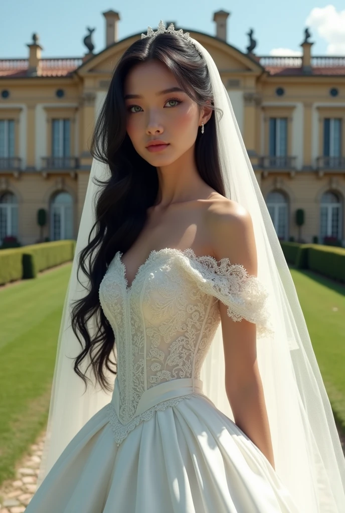 Young, beautiful woman, 22 years old, long black hair and bright blue eyes. She is wearing a princess wedding dress, with a white veil. behind her a luxurious mansion in Italy. The expression on his arrogant face, highlighted by his blue eyes