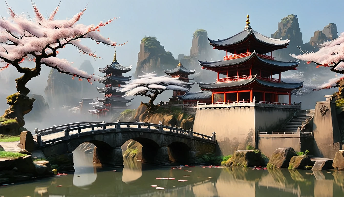 This garden has winding paths、Plum blossoms in full bloom、A small stone bridge spans a pond with koi carp。The garden is surrounded by a high wall，And you can see the pagoda in the distance，The whole scene is full of tranquility and elegance.。