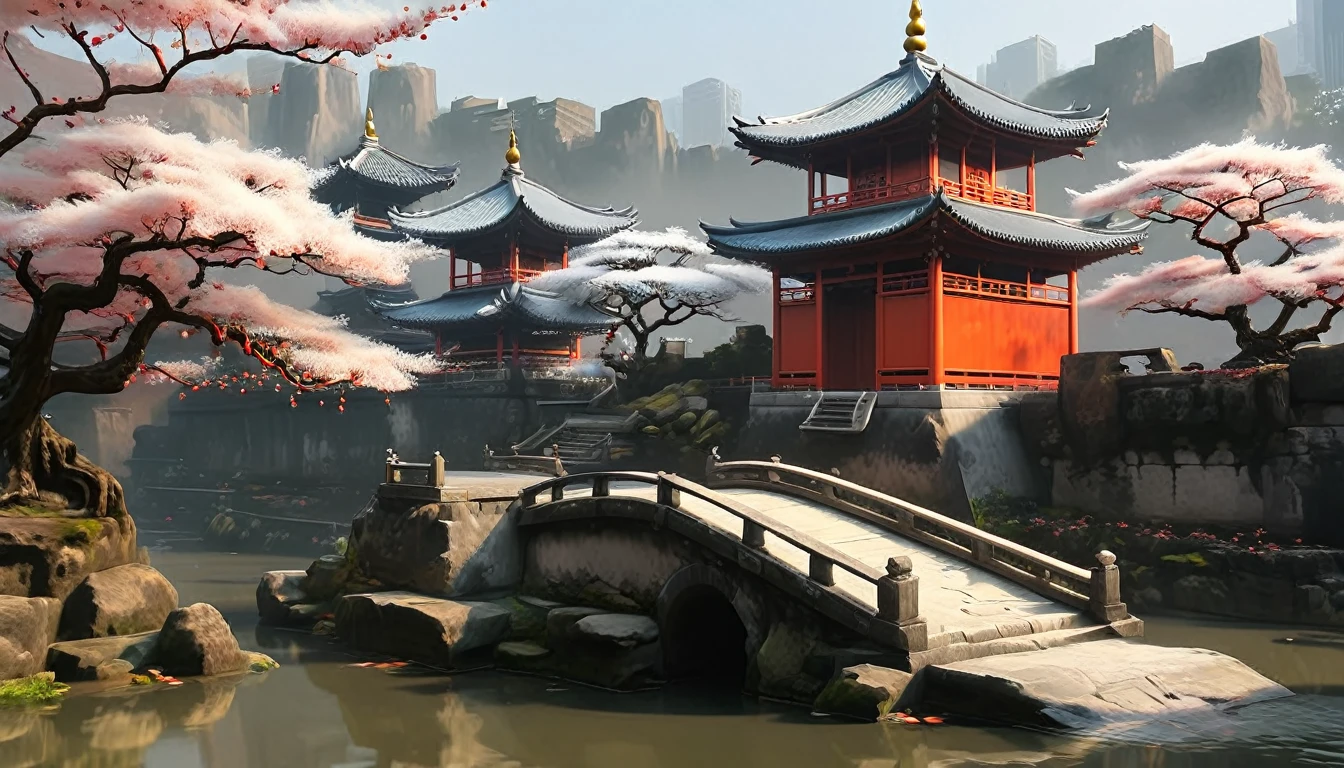 This garden has winding paths、Plum blossoms in full bloom、A small stone bridge spans a pond with koi carp。The garden is surrounded by a high wall,And you can see the pagoda in the distance,The whole scene is full of tranquility and elegance.。