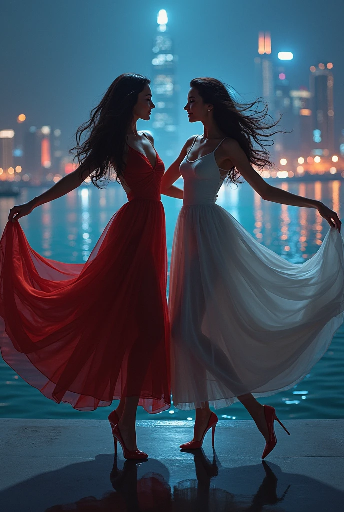 two women dancing in the dark with the city in the background