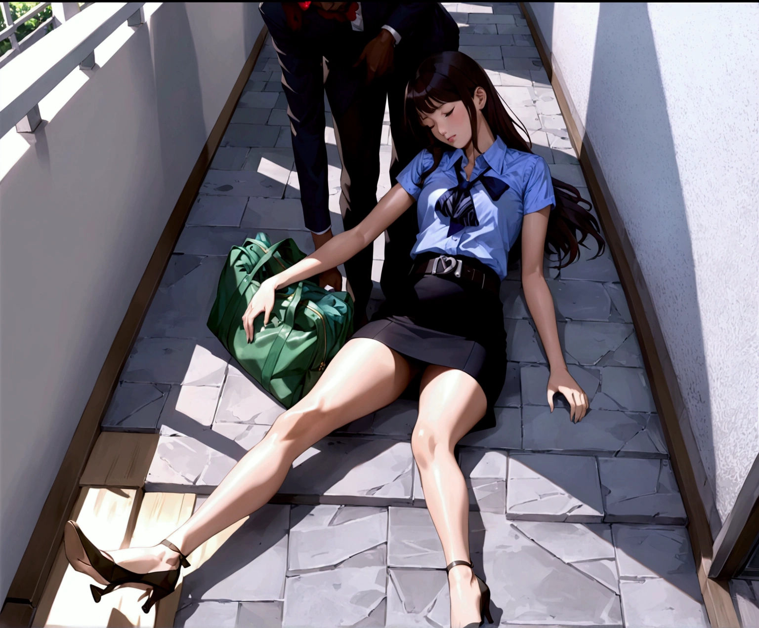 realistic anime illustration of sleeping beautiful office woman is sitting on ground, her back is leaning against footbridge 's rail, her legs is spreading, closed eyes, her green bag on ground, BREAK, she is black long hair, wears pastel indigo-blue short sleeve collared unbuttoned top blouse, black pencil skirt with black belt, and black heels, (1girl, solo, full body), (masterpiece, best quality, japanese anime style), (expressive eyes, perfect face, perfect anatomy)