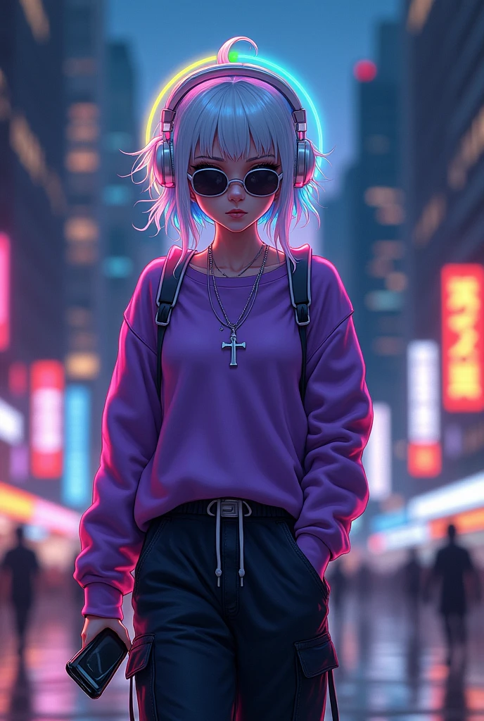 demon girl, rainbow colored halo,white and blue hair ,silver cross necklace,Sunglasses, purple sweatshirt, black cargo pants,WHITE TENNIS, helmet headphones, holding her cell phone, walking through a big city at night