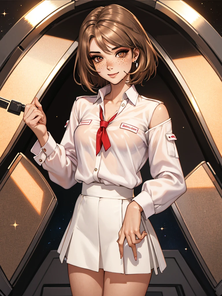1girl,a beautiful fashion model ,(masterpiece, detailed background, best quality), shoulder length hair, short and shiny hair, light brown hair, elegant makeup, dark makeup, earrings, pink eyeshadow, white shirt, brown skirt, tie between breasts, brown eyes, wet skin small breasts, shiny breasts, shy, bashful, eager, happy, (space cruise), freckles, mousey, , slippery, glossy, maxcaulfield