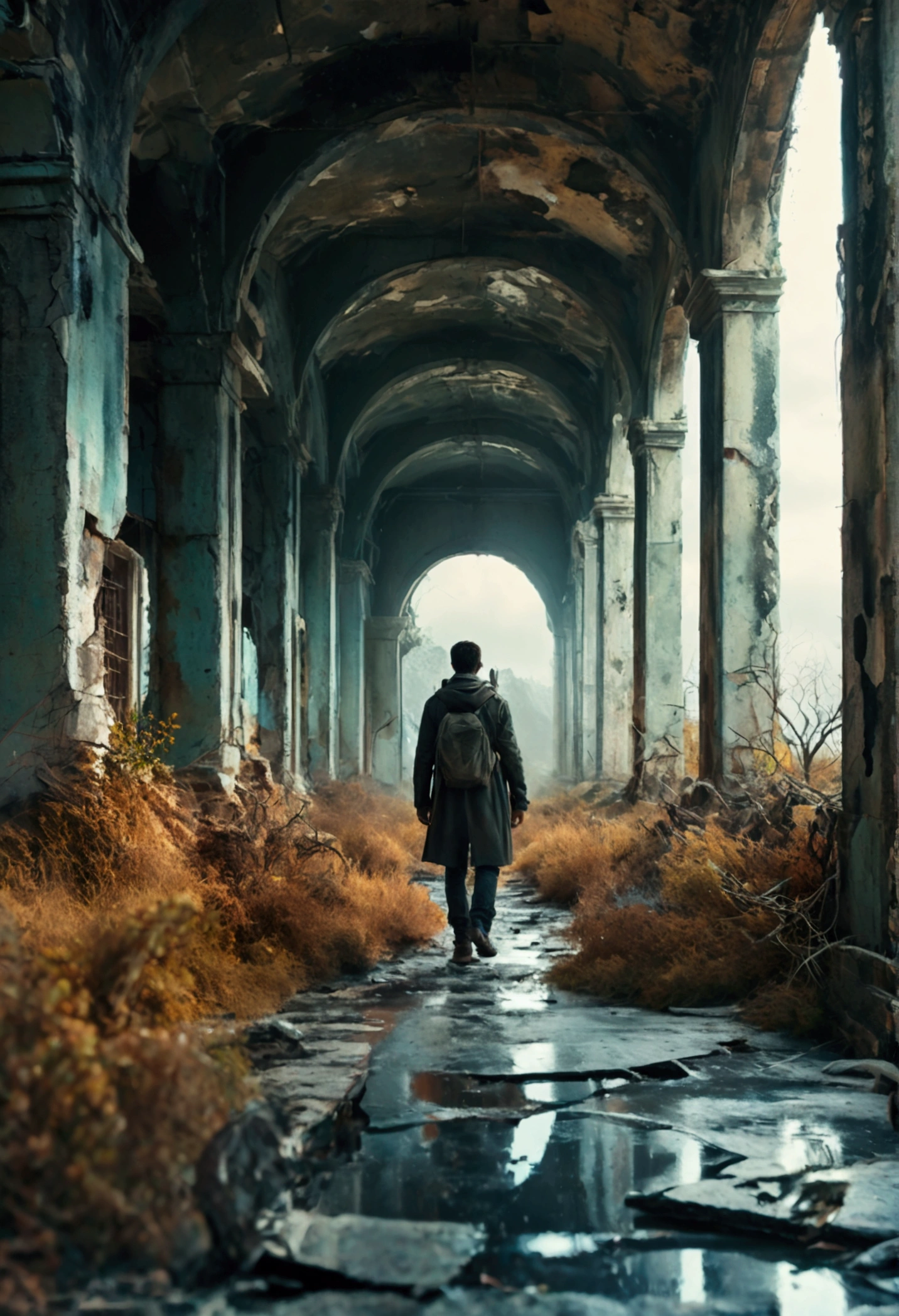 a desolated mind, a man walking in surreal landscape, taken from behind, abandoned ruins, overgrown vegetation, cracked earth, gloomy atmosphere, dramatic lighting, cool color palette, moody cinematic composition, (best quality,4k,8k,highres,masterpiece:1.2),ultra-detailed,(realistic,photorealistic,photo-realistic:1.37),dark fantasy,conceptual art,intricate details