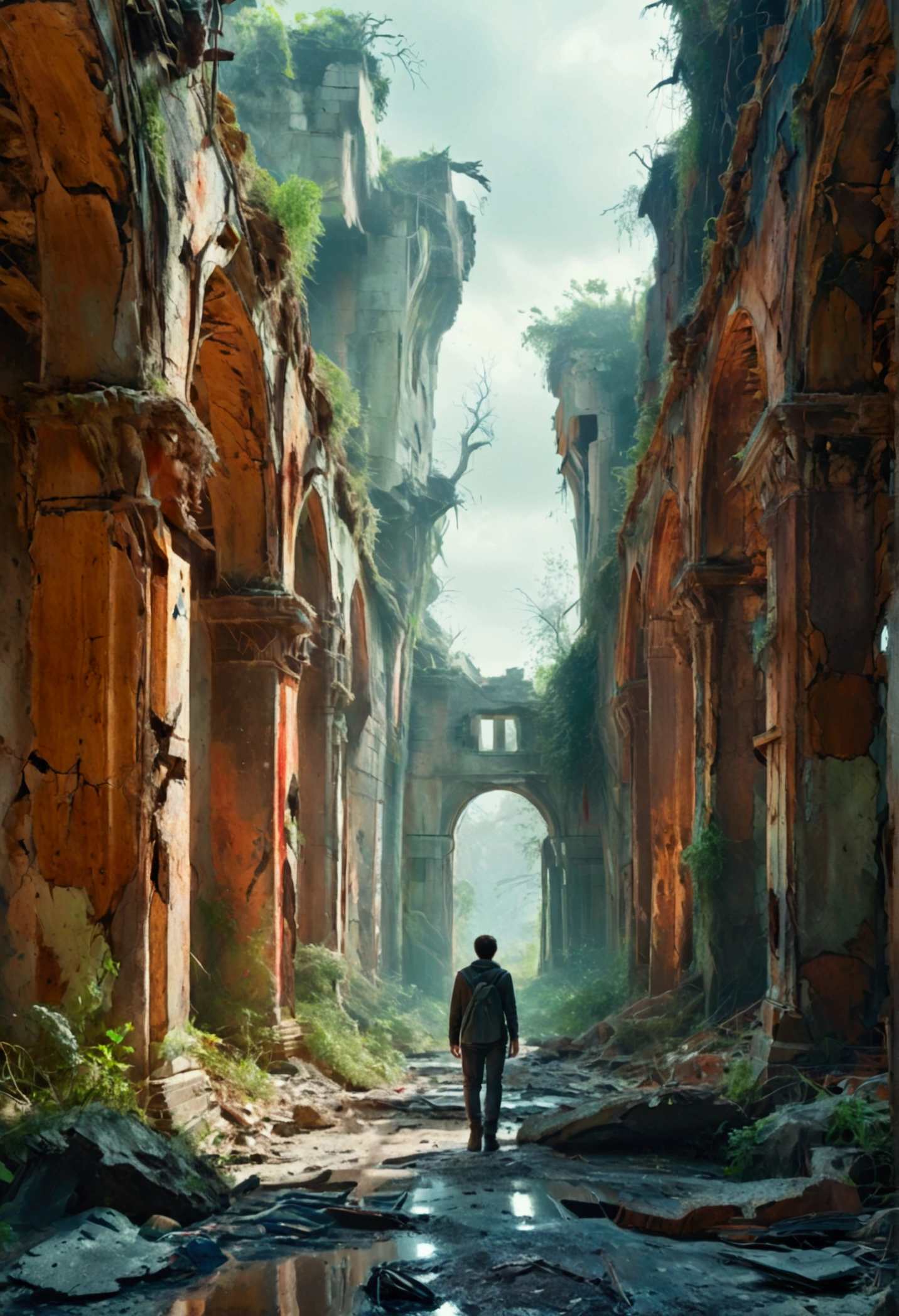 a desolated mind, a man walking in surreal landscape, taken from behind, abandoned ruins, overgrown vegetation, cracked earth, gloomy atmosphere, dramatic lighting, cool color palette, moody cinematic composition, (best quality,4k,8k,highres,masterpiece:1.2),ultra-detailed,(realistic,photorealistic,photo-realistic:1.37),dark fantasy,conceptual art,intricate details