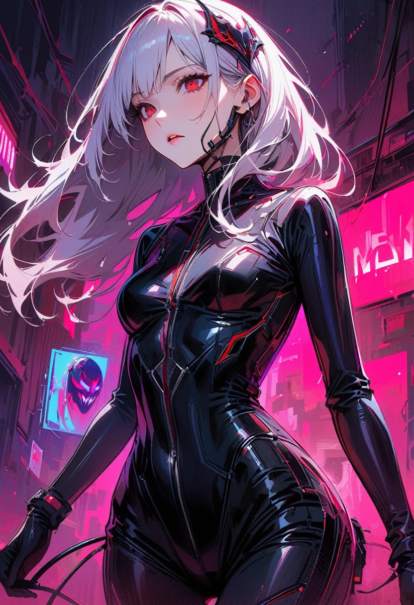 masterpiece, best quality, 8K, Digital painting, 1 girl, solo, stand up, youth, White hair, long white hair, hair accessories, red eyes, round pupils, Emotionless expression, blood stains, Mechanical Parts, electric wire, cable, failure effect, horrifying, science fiction, futuristic, Dark inside the background, neon lights, cyberpunk characters, Surreal, weird, Disturbing, spine-chilling, horrifying, jumpsuit,Red eyes,Venom Possession,blackened,Long black gloves,One-piece Pants,tight latex bodysuit,Highlight her graceful figure,wrap the whole body,symbiont,((Raised sexy)),jumpsuit,Red eyes,Venom Possession,blackened,Long black gloves,One-piece Pants,Black latex clothing,Blood-red eyes,best quality, High resolution, Super detailed, Vivid textures, mask, tight latex bodysuit, Bangs,purple hair, blue eyes