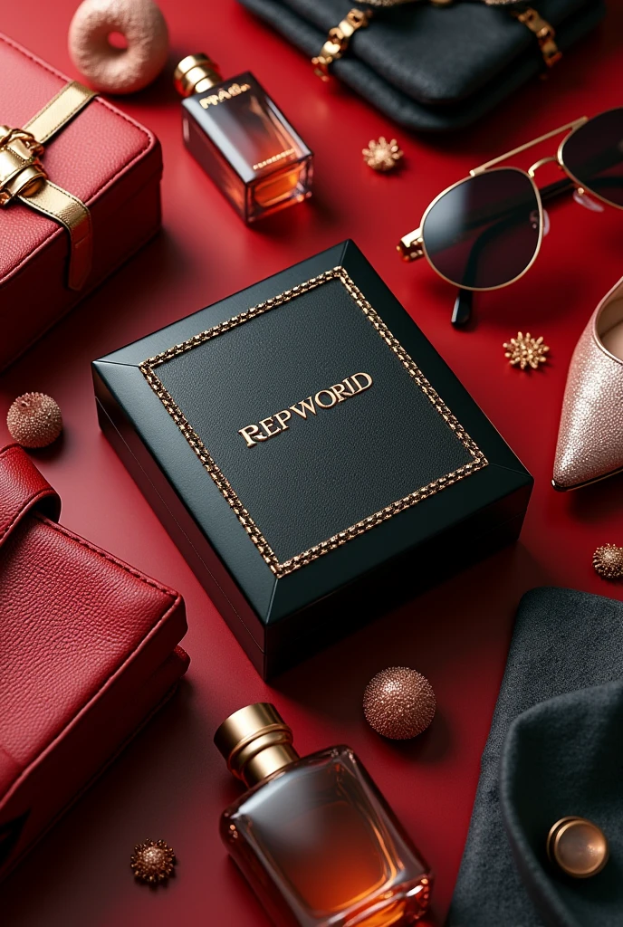 Un logo qui s'appelle RepWorld qui est affiché au millieu de l'écran avec des objets de luxes des marques de luxes avec une très bonne qualité d'image réaliste avec des parfums Valentino des lunette prada des chaussures Dior des habits Burberry