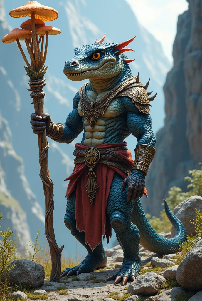 Create an RPG character, he is a kobold druid. Its scales are blue, the background resembles a mountain.
Make the character more humanoid and equip him with druid clothes.
Make him with his staff in hand Make the staff more magical He is a druid who enchants animals His appearance should be similar to a dragon He is small but fierce He has no wings His staff resembles polished wood Make him fierce He is a little taller His staff is made of ancient wood His scales have some touches of red Mushrooms grow from his staff His head resembles a crocodile His staff is magical and decorated with bones