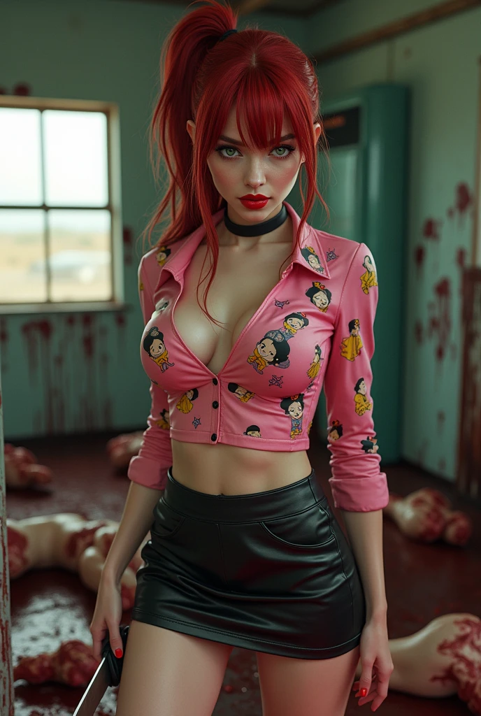 Seductive serial killer with red ponytail with side swept bangs, green eyes, and glossy red lips curled into a smile. A tight pink short sleeve shirt with Disney princesses on it and a leather miniskirt, doc marten boots. She is stabbing one of her victims with a serrated knife. Location is the inside of a gas station in the middle of nowhere. Bodies of sliced up shoppers litter the floor. Blood everywhere.
