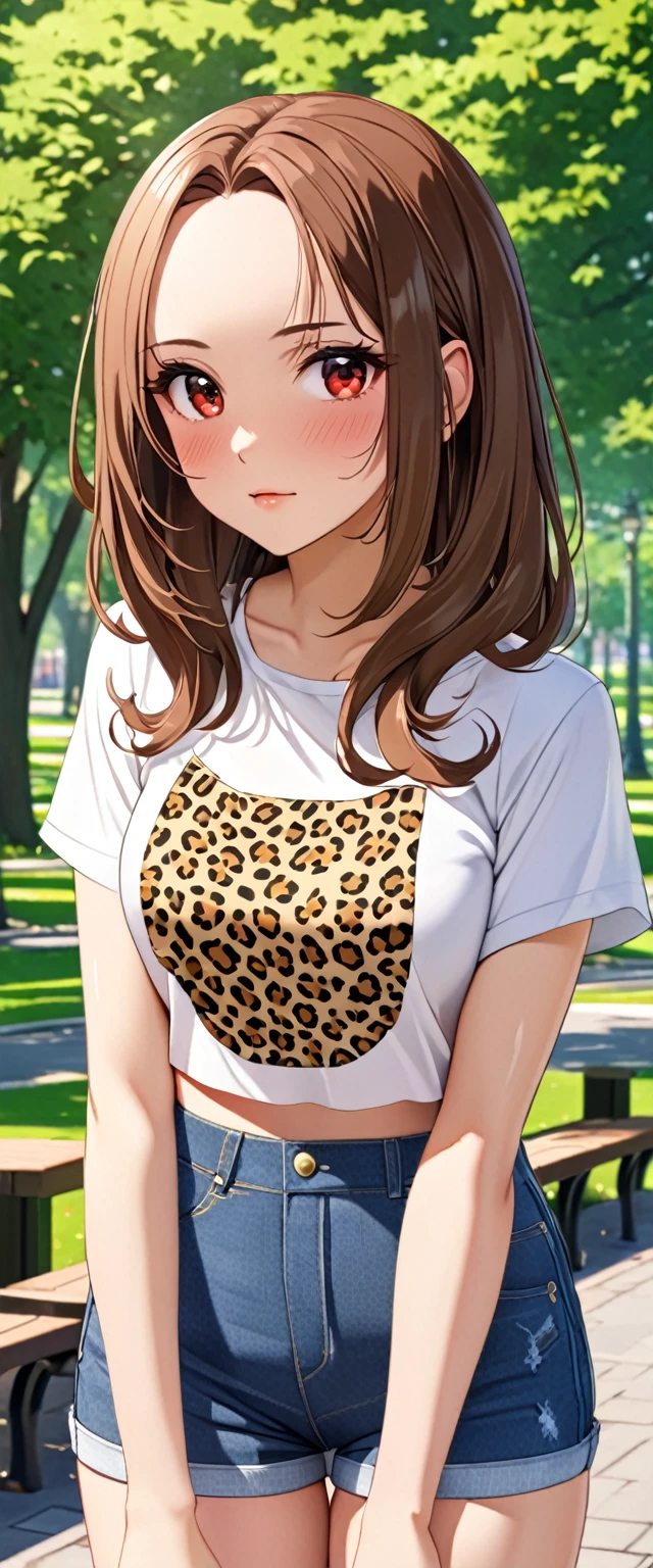 1girl, brown hair, red eyes, shirt, lepard print animal print, long hair, big forehead, denim shorts, looking at viewers, Flipped-Out Bob, daytime, park, best quality, highly quality, short slevees, masterpiece, 8k, 16, 32k, shiny skin, UHD frekles on her skin,