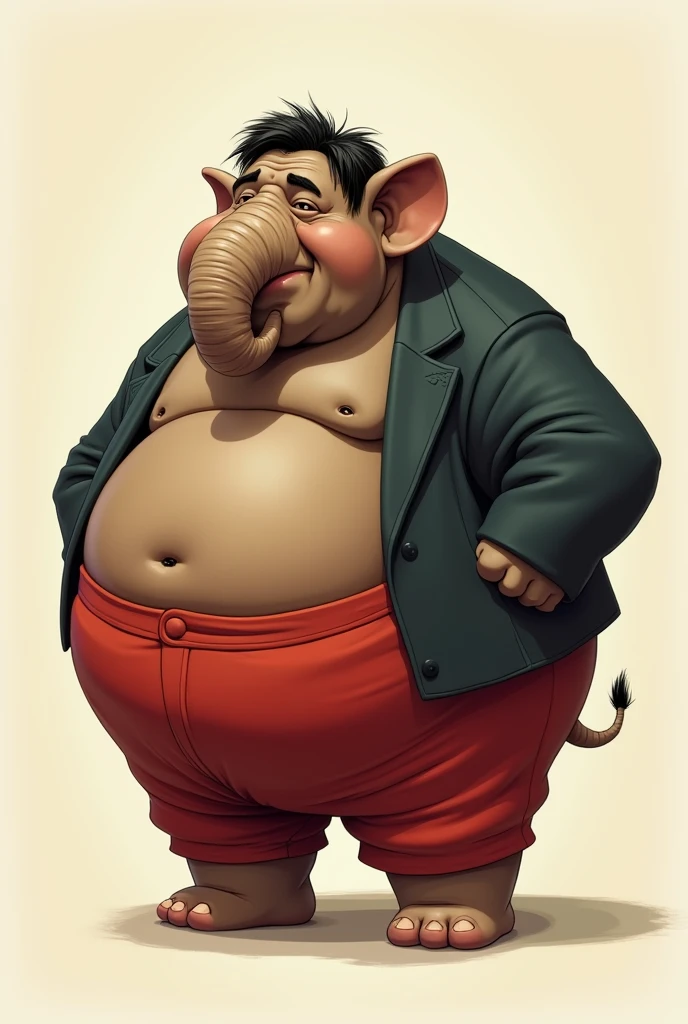 Generates a very fat and very obese anthropomorphic brown elephant with a huge butt, He has medium black hair, He wears a red suit but with red Mawashi pants