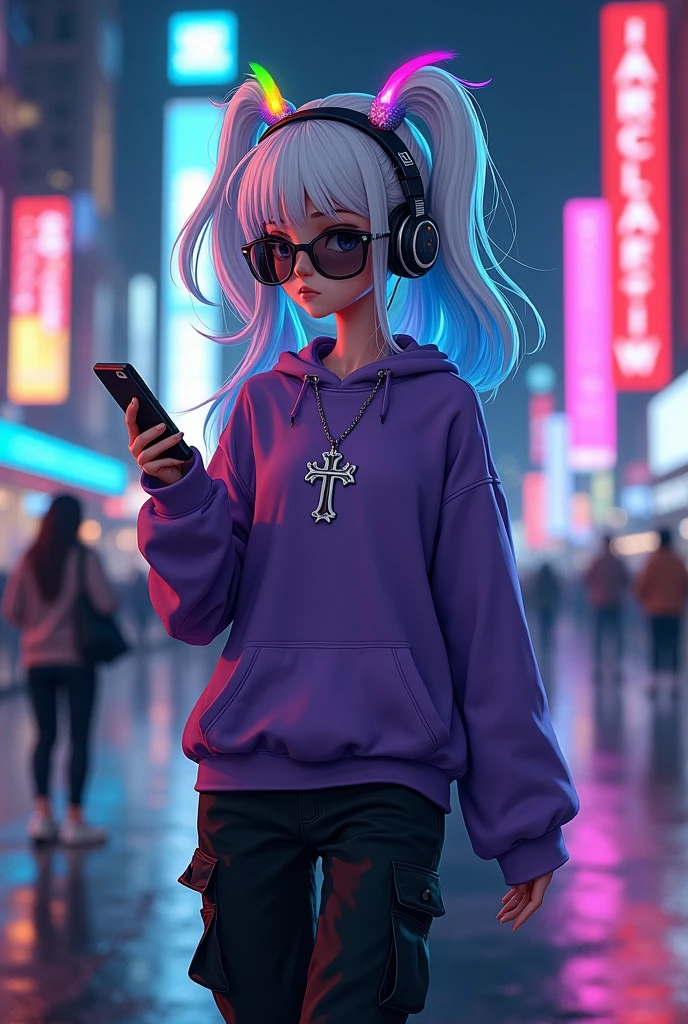 demon girl, rainbow colored halo,white and blue hair ,silver cross necklace,Sunglasses, purple sweatshirt, black cargo pants,WHITE TENNIS, helmet headphones, holding her cell phone, walking through a big city at night